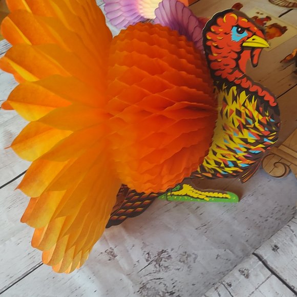 Vintage Thanksgiving cardboard cutout honeycomb decorations turkey scarecrows - Picture 7 of 9
